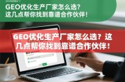 GEO优化生产厂家选择指南，找到靠谱合作伙伴的几点关键